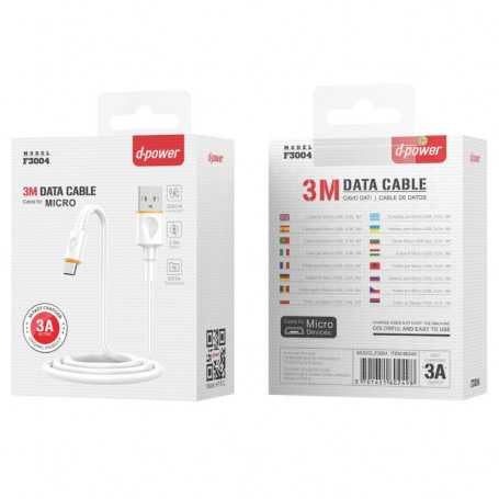 Câble USB / Micro USB- D-power F3004 - 3M - Blanc