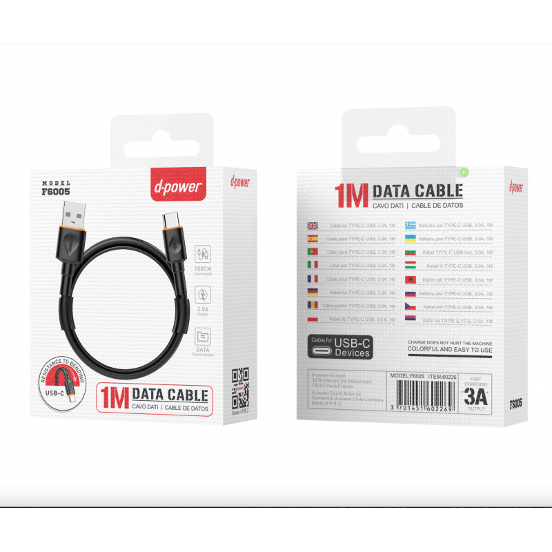 Câble USB / Type C - D-power F6005 - 1M - Noir
